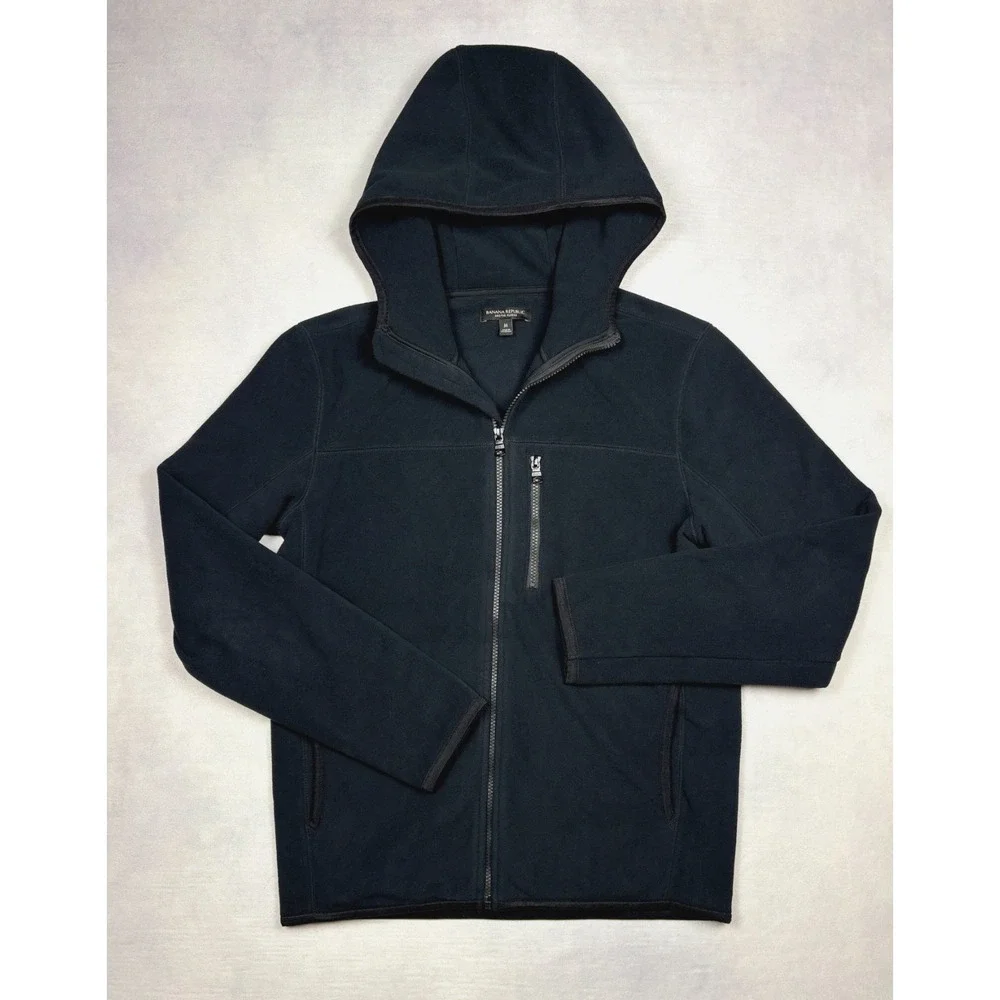 Banana Republic‎ Arctic Fleece Hoodie Mens Medium Black Zip Pocket 654520 M